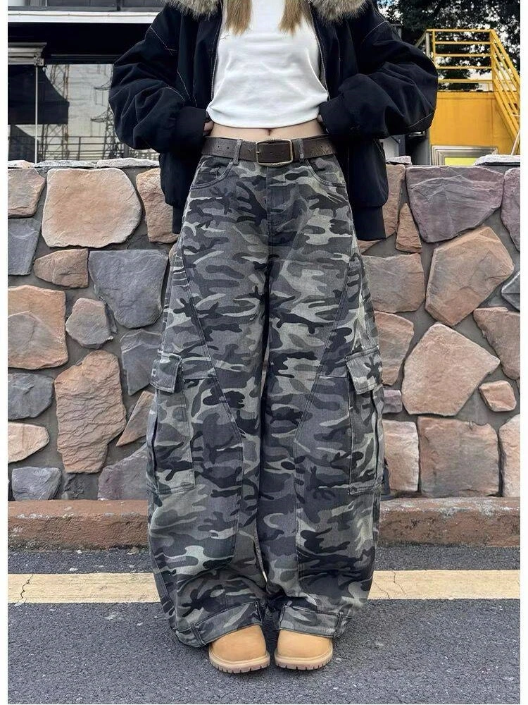 

American Retro Camouflage Multi-ket Knife Work Pants Men Loose High Street Deconstructed Banana Pants Floor-Length Pants