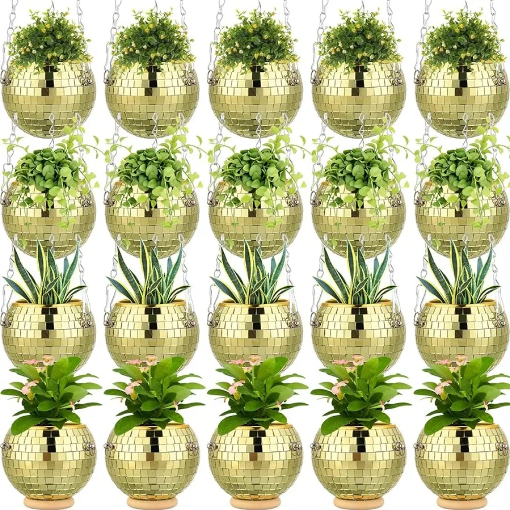 20 Pcs 4 Inch Ball Planter Mirror Ball Boho Hanging Planter Flower Pots Vase with Chain and Wooden Rings Home Decorations (Gold)