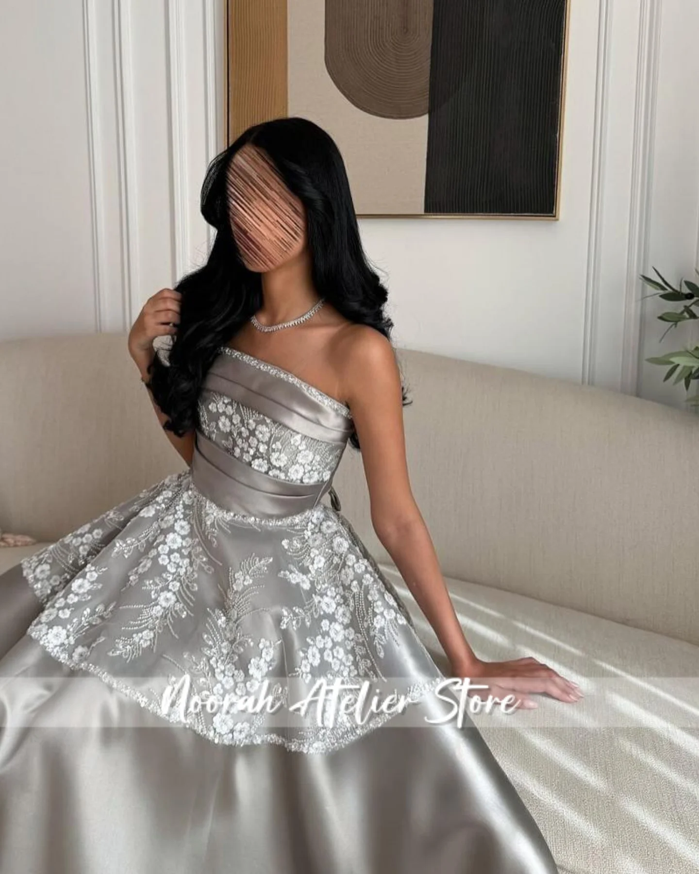 그레이 얼룩 Strapless Aline 럭셔리 여성 이브닝 드레스 2025 여성 두바이 스팽글 꽃 긴 파티 가운 Vestidos 맞춤형