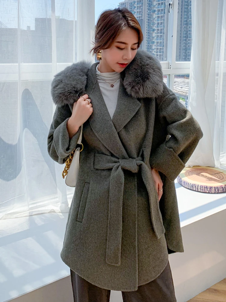 

2023 New Autumn-winter Hooded Cashmere Coat Woman Fox Fur Collar Double-sided Wool Coat Warm Midi Elegant Loose Lace-up Jacket F