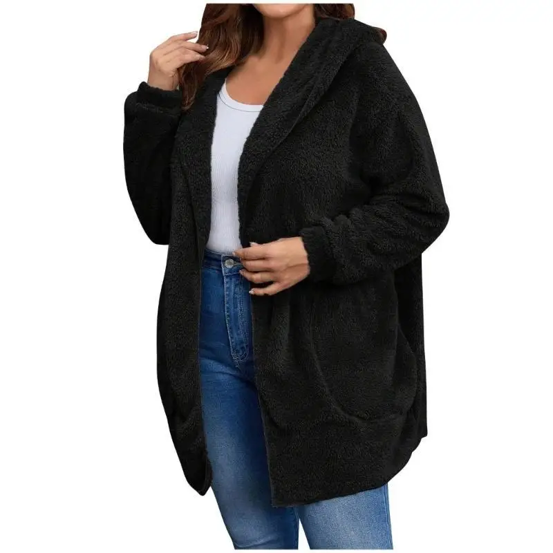 سترة نسائية 652F كبيرة الحجم من القطيفة كاجوال بغطاء للرأس معطف شتوي مريح من جلد الخراف #1