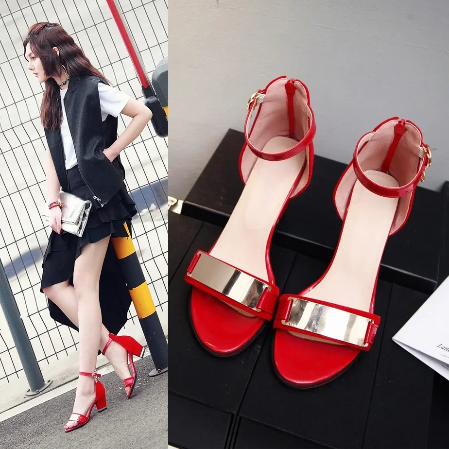 Fashion Women Sandals Red Black Pleuche High Block Heel Party Club Office Lady Summer Gladiator Bling Ankle Strap Zipper Sandals