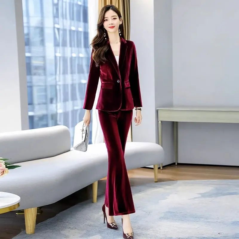 Women\'s Autumn Winter New Fashion Golden Velvet Suit Jacket Matching Set Korean Elegant Professional Blazers Pants Two Piece