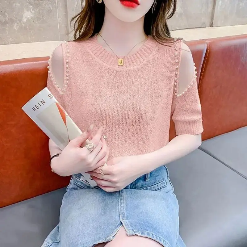 Women\'s Solid Color Summer Round Neck Pullover Short Sleeve Thin Hollow Out Sweater Knitted Casual Elegant T-shirt Beaded Tops