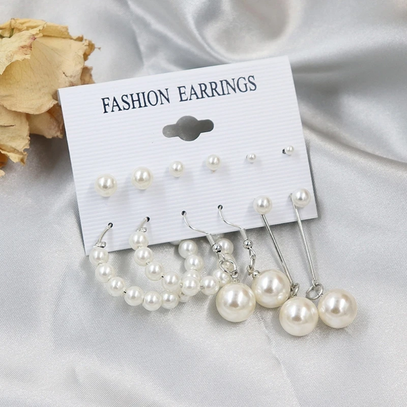 Gold Silver Color Pearl Hoop Earring Set for Women Girls Vintage Pearl Circle Bead Earring Trend Jewerly Accessories