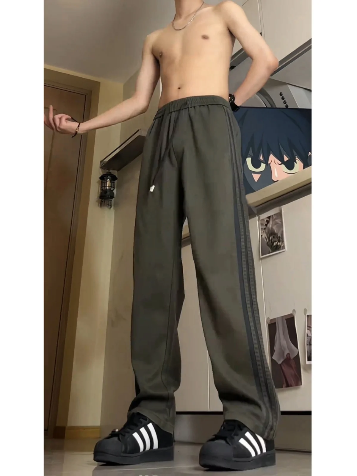 

American Sle Ice Silk Vertical Striped Sports Pants Men's Summer Youth Casual Trousers Straight Leg Workwear een