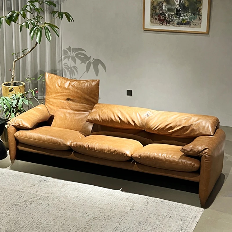 

Sofa retro full oil wax first layer leather sofa small apartment folding ear sofa