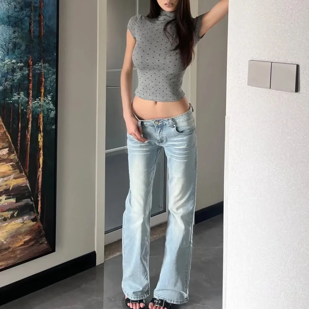New Casual Woman’s Light Blue Denim Pants Retro Style Spice Girls Trousers High Waist Spring Autumn Letter Splicing Design Jeans view 3