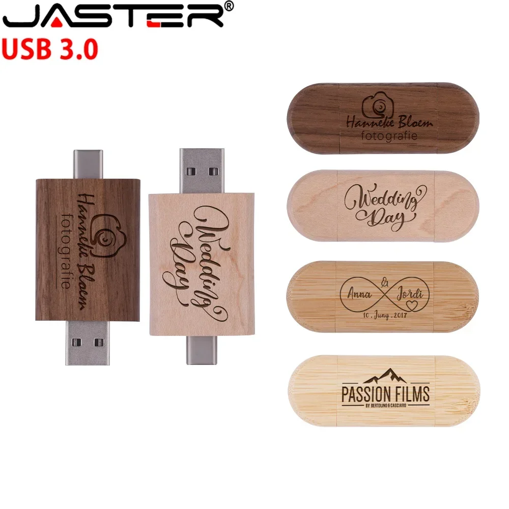 10PCS/LOT TYPE-C USB 3.0 Flash Drive 128GB 2-in-1 Pen Drive 64GB Free Custom Logo 32GB Memory Stick Wooden Pendant Wedding Gift