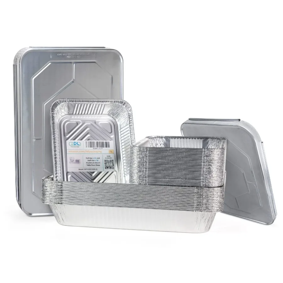 

Кастрюли из алюминиевой фольги с крышками, глубокие 45 шт., набор жаровни, 15 полноразмерных и 30 парных кастрюль половинного размера + крышки, одноразовые кухонные принадлежности