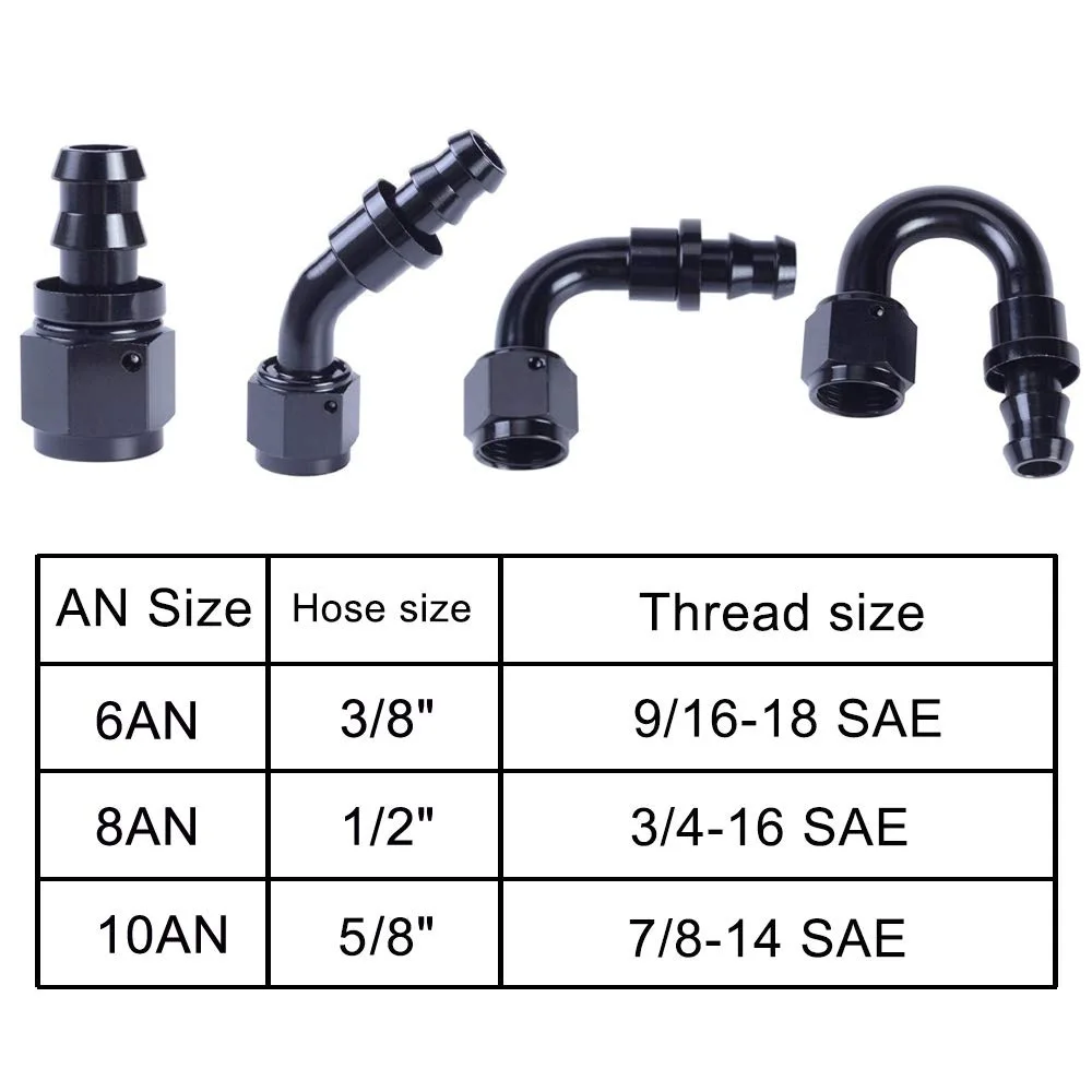 Universal AN4/AN6/AN8/AN10 Aluminum Oil Fuel Fitting Female Swivel to Push Lock Hose End Adaptor Kit Rubber Tube 0/45/90/180