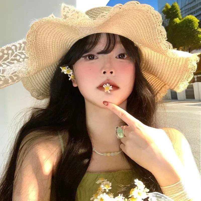 Women's Summer Camping Popular Lace Straw Hat Summer Seaside Beach Sun Hat Outdoor Big Eaves Sun Protection Fashion Hats 2