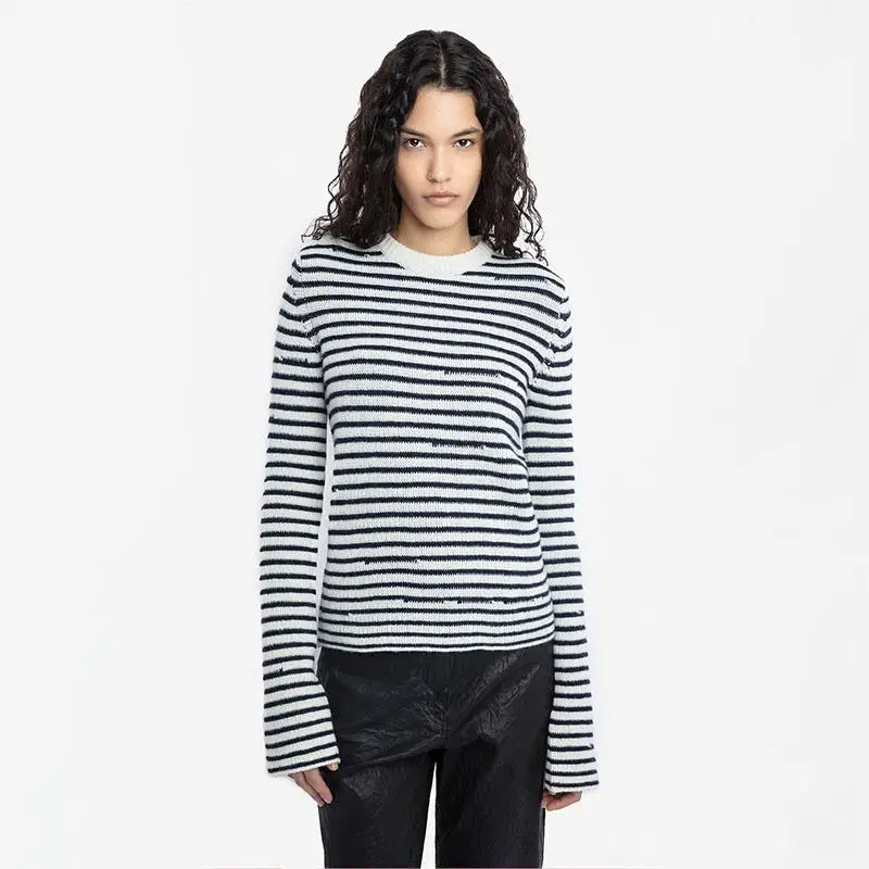 

Zadig Cashmere Jumpers Women Black White Stripes Sweaters Casual Buttons Winter Warm Tops Female Crew Neck Long Sleeve Pullovers