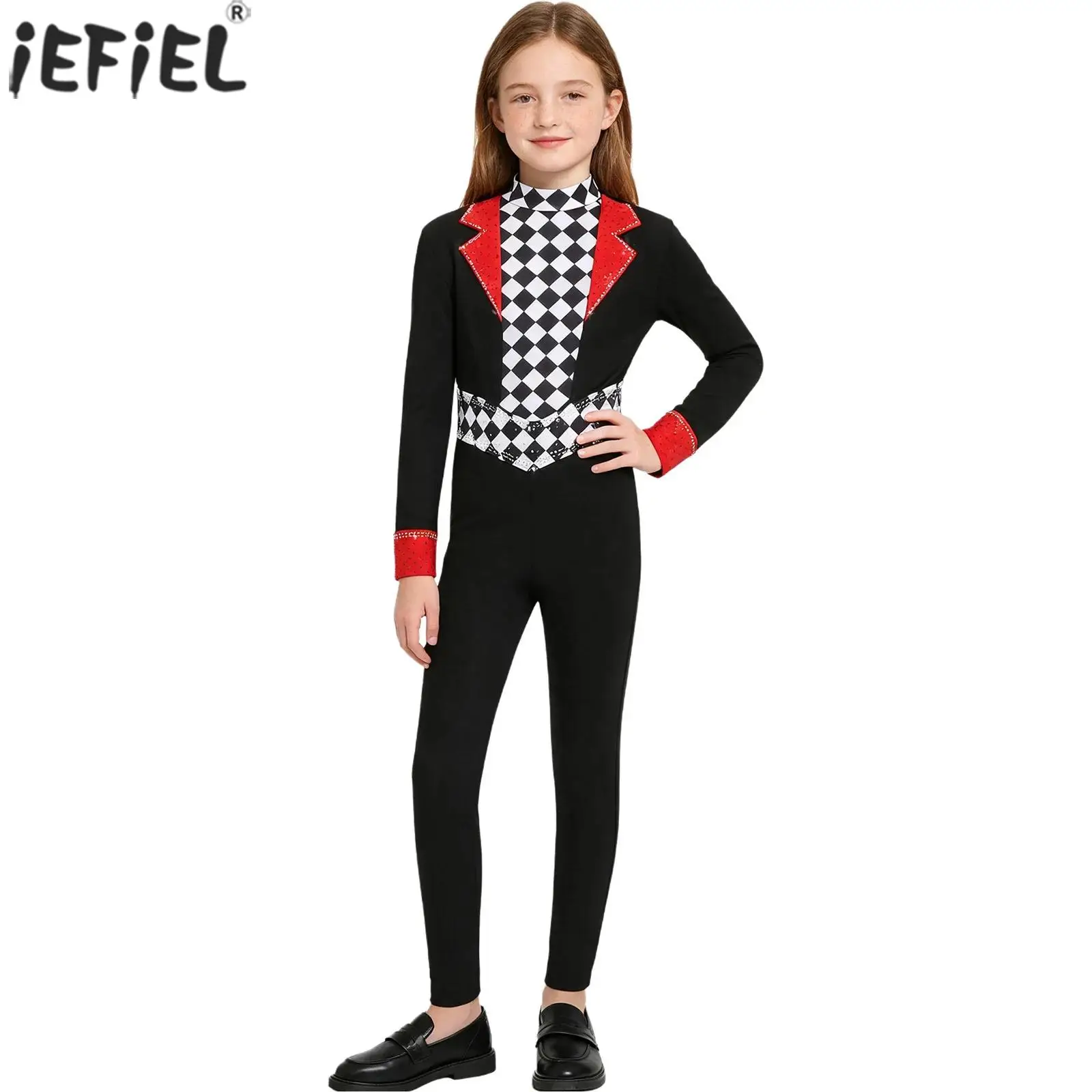 Kids Girls Circus Ringmaster Magician Cosplay Costume Long Sleeve Rhinestone Color-blocked Jumpsuit for Halloween Theme Party