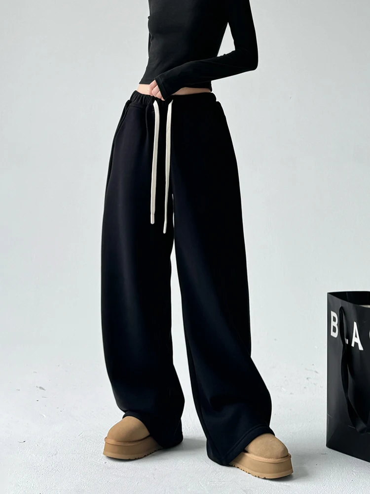 Pantalones de pierna ancha de cintura alta para mujer, pantalones de pierna recta deportivos informales holgados y drapeados de invierno