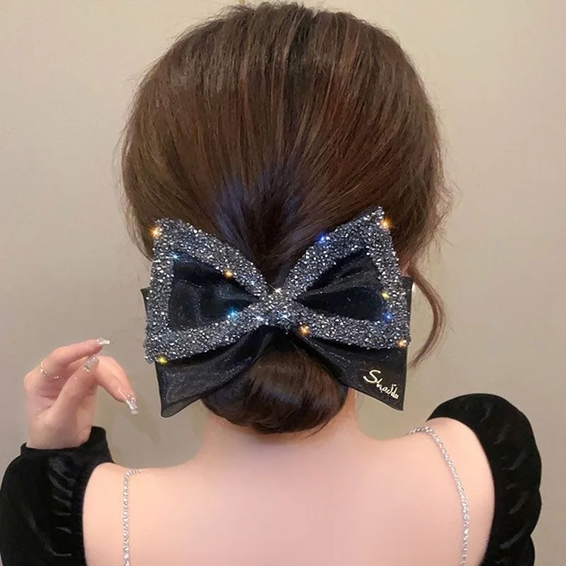 

2023High-Grade Rhinestone Organza Light Luxury Barrettes Women Hair-Binding Hair Bow Half Tie Grip Ornament