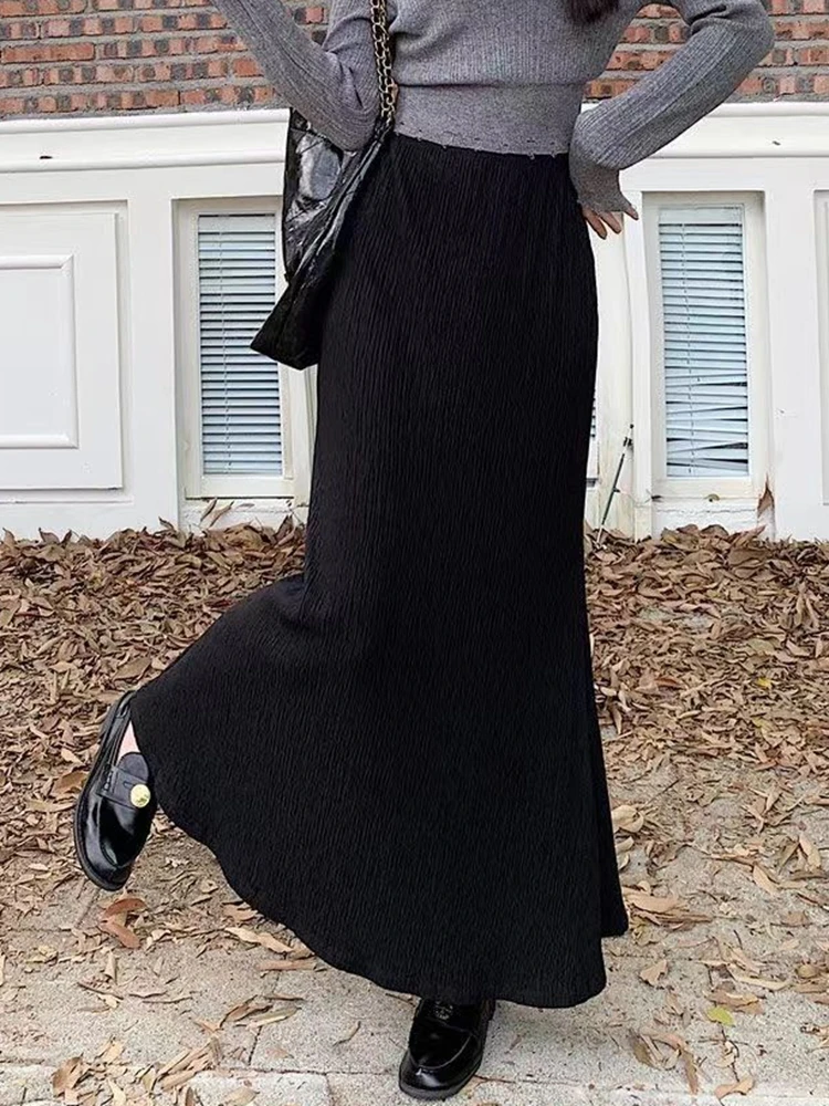秋冬ロング黒スカート女性エレガントなファッション韓国 Y2k 服ファルダスラルガス弾性ウエストヴィンテージミッドレングススカート