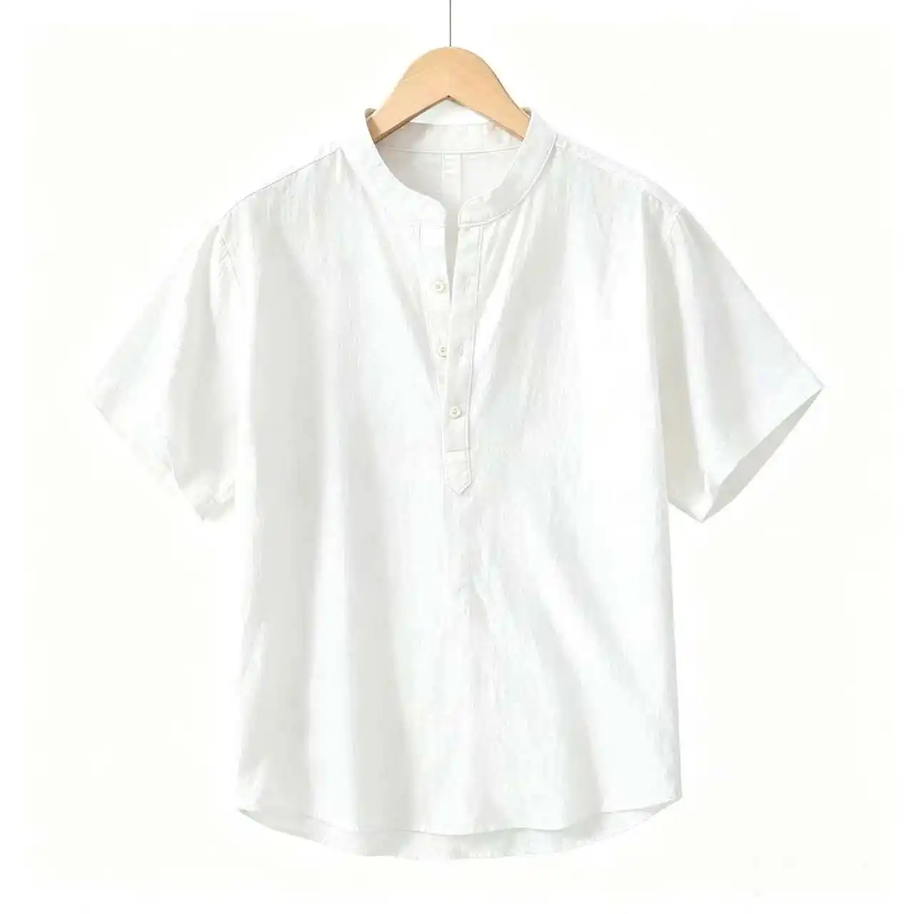 

New Mens Short Sleeve T Shirts Solid Color Stand Up Collar Shirt Summer Trendy Breathable Loose Youth Basic Cotton Pocket Top