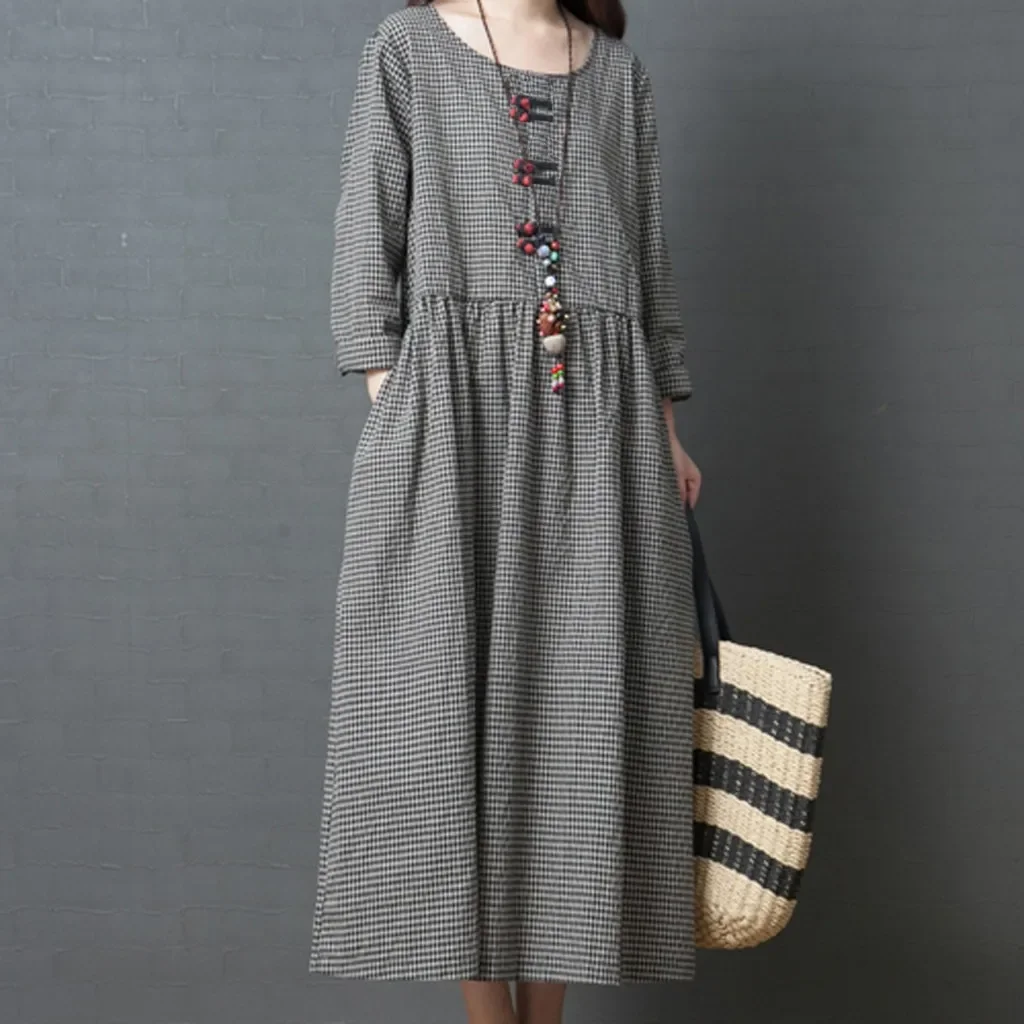 Women Plus Size Maxi Dress Japanese Cotton Linen Long Sleeve Checked Dresses Elegant V Neck Plaid Dresses Vestidos Para Mujer