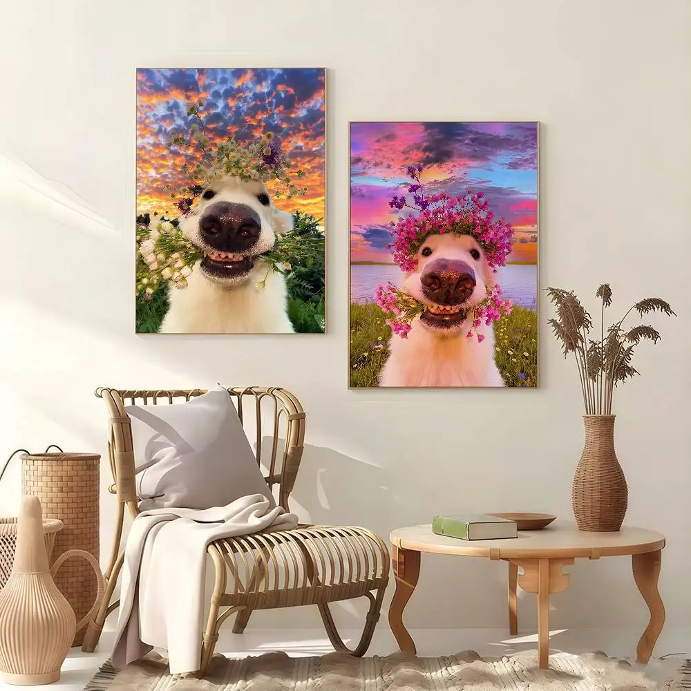 Cute Dog Grinning Flower In Its Mouth Against Poster Self-adhesive Art Waterproof Paper Sticker Coffee House Bar Room Wall Decor