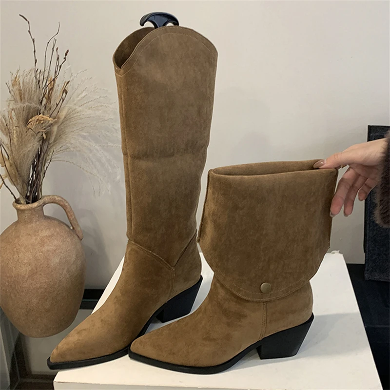 

Eilyken, осенне-зимние женские сапоги до колена с острым носком, модная обувь на низком каблуке, дизайнерская короткая обувь с пряжкой, Botas De Muje
