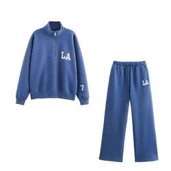 Knit Set Woman Two Pieces Casual Elegant Print Sweatshirt Sets Basics Preppy Style Blue Pants Sets Y2k Outfit Set