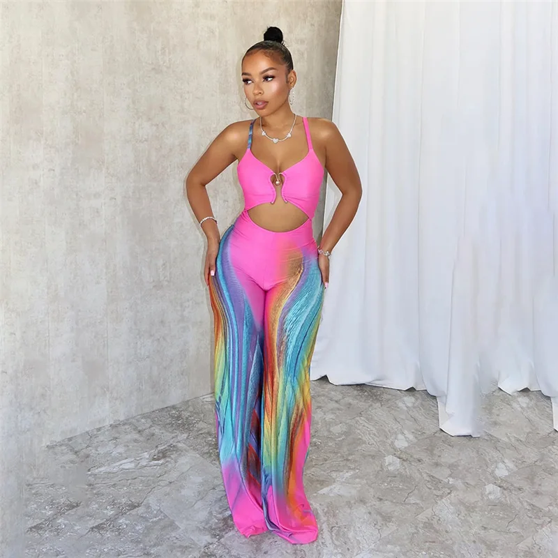 Summer Sexy Bodyscon Printed Suspender High Waist Backless Wide Leg Pants Jumpsuit Women 2024 One Piece Long Rompers Clothes