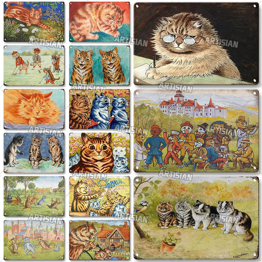 ARTISIAN Rusty Louis William Wain Painting Decorative Plate Cat Metal Poster Rusty Metal Plaque Bar Club Wall Decor Metal Signs