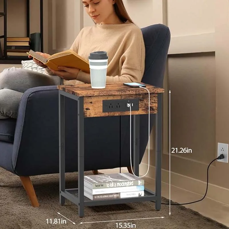 Table de chevet avec station de charge, table d'appoint de chambre à coucher, ports USB, prises, support de tourne-disque moderne, table de chevet à 2 niveaux