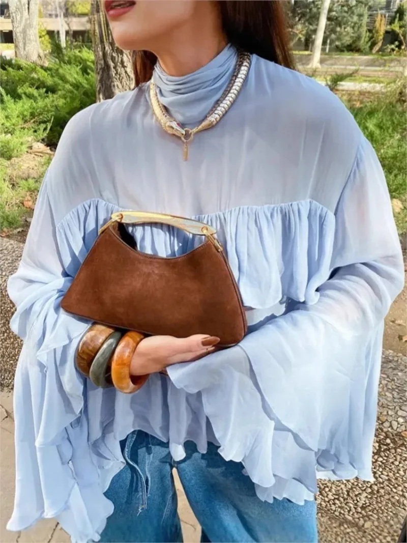 Blue Shirt Women Elegant Chic High Neck Ruffle Edge Trumpet Sleeves Blouse 2025 New Summer Spring Solid Fashion casual Shirts