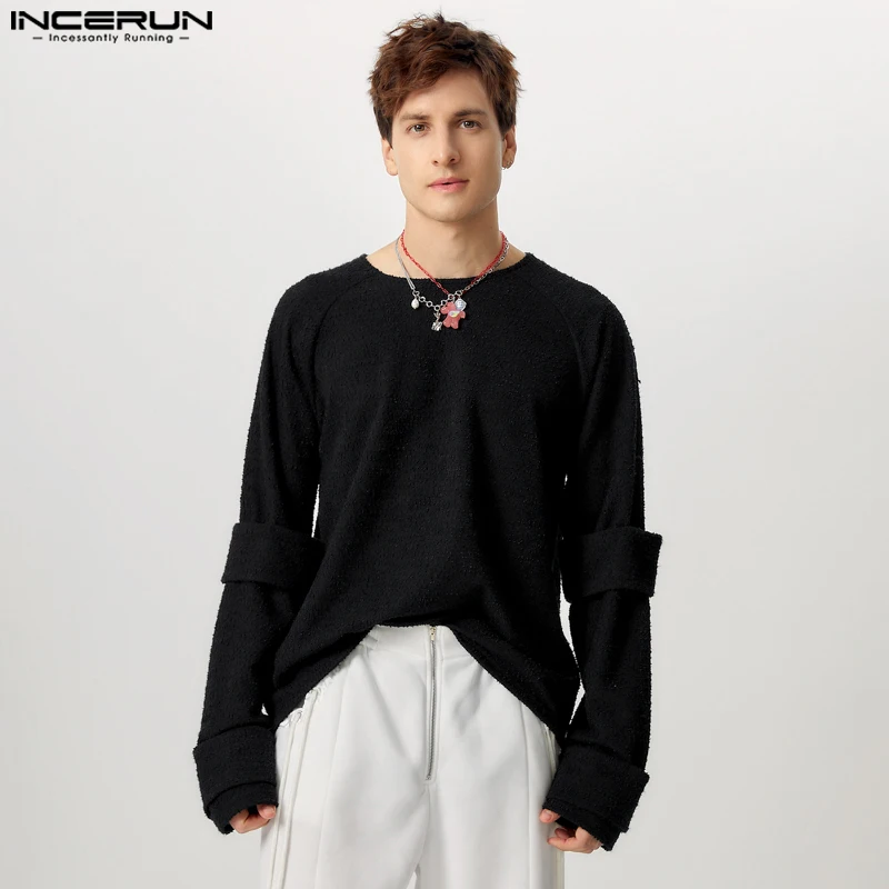 INCERUN Handsome Men's Tops Stylish Texture Design T-shirts Casual City Walk Male Hot Sale Solid All-match Long Sleeved Camiseta