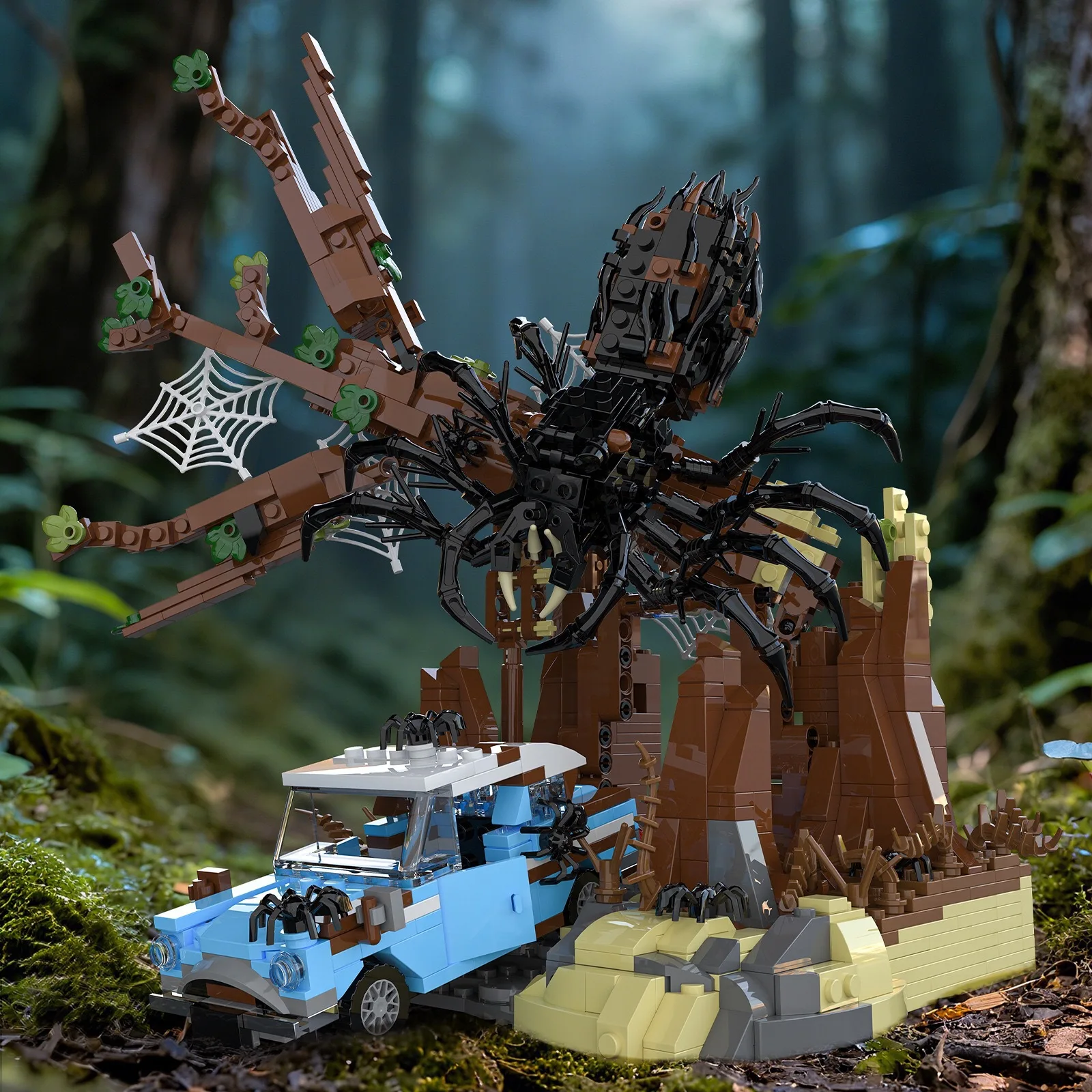 

MOC Halloween Ruins Building Blocks Spider Monster Damaged Car Dark Forest Bricks Toys Boys Gift