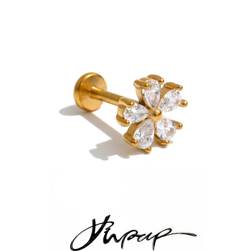 Yhpup 1PC 316 Stainless Steel Cubic Zirconia Flower Cartilage Stud Earrings Hot Style Premium Fresh Piercing Jewelry