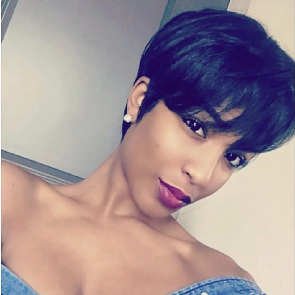 Короткий парик с стрижкой пикси Бразильские парики из натуральных волос для чернокожих женщин Короткая натуральная черная стрижка пикси Полный машинный парик Натуральный