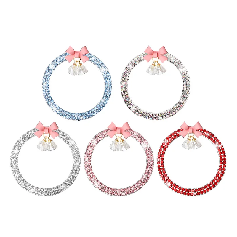 Rhinestone Bow Bell Car Start Switch Button Auto Decorative Diamond Stickers Ring Circle Trims Protective Cover Car Accessories