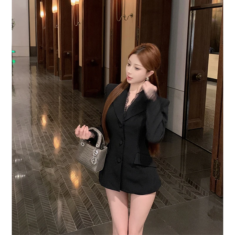 MEXZT 우아한 블랙 블레이저 여성 패션 레이스 패치 워크 정장 비즈니스 자켓 사무실 숙녀 한국 통근 코트 디자인 겉옷