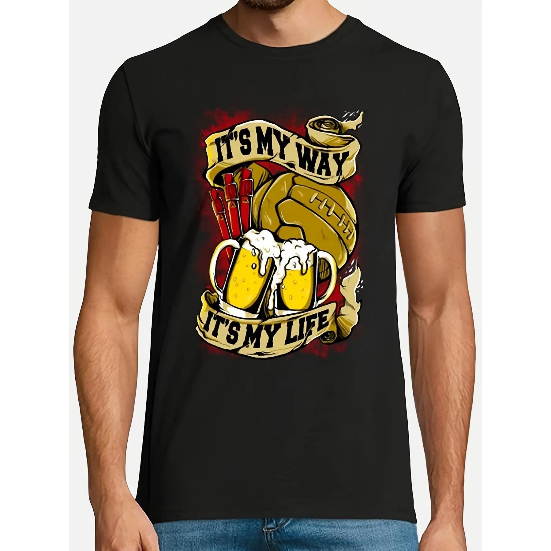 

Retro Sports T Shirt Men "It's My Way It's My Life" Graphic Tee Funny Beer & Football Fan Gift Top