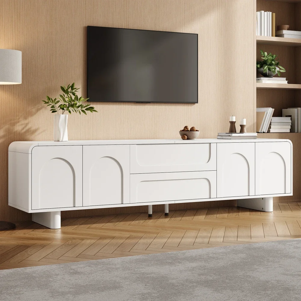 Mobile TV moderno e minimalista con angoli arrotondati, dimensioni 180x40x46 cm, mobile TV indipendente con ante e cassetti, ampio spazio contenitivo, ideale come tavolo per l’area relax e per la zona
