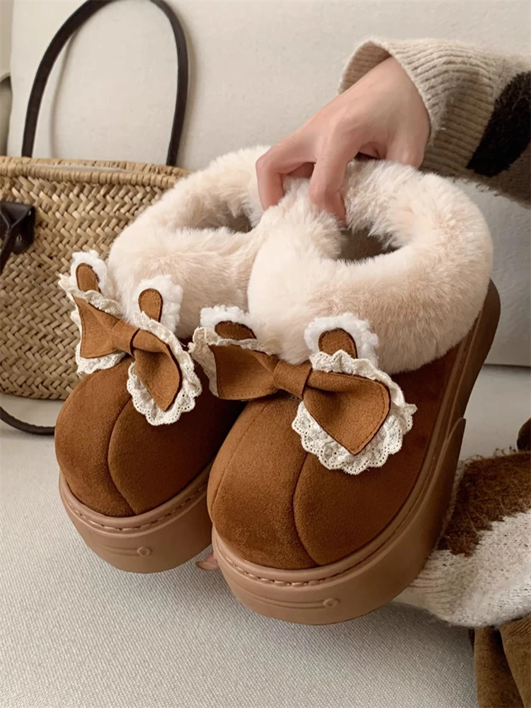 

Women Ankle Boots Lace Bow Snow Boots For Women Warm And Plush Loop Mouth, Winter Outdoor Girl's Heart Cotton Shoes