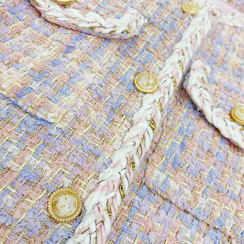 Růžový vlněný tvídový pletený krátký kabát pro dámy, podzimní a zimní, těžký pracovní módní kulatý výstřih, otevřený kardigan, moderní polyesterová tkanina - náhled 4