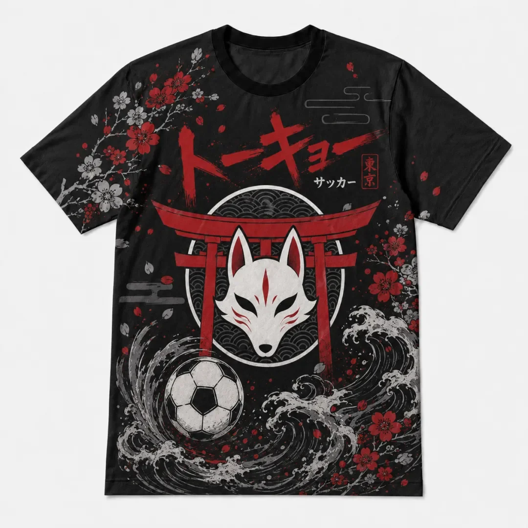 Tokyo Fox Gate Football Pattern Print, Cherry Blossom Wave Oriental Ink Art Casual Sports Street Style T-shirt