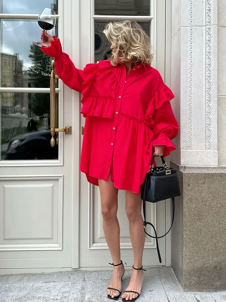 Mueyaruho Winter Spring 2024 Women Solid Red Mini Shirt Dress Office Ladies Ruffles Long Sleeve Loose Fit Dress For Women