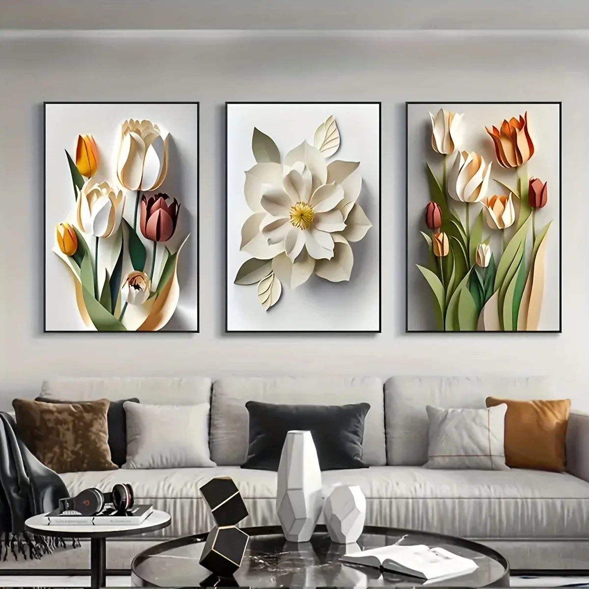 Multi-size 3PCS frameless high-definition decorative paintings,3PCS Paper Cut Style Tulip Flower Canvas Wall Art, 3D Effect Flor