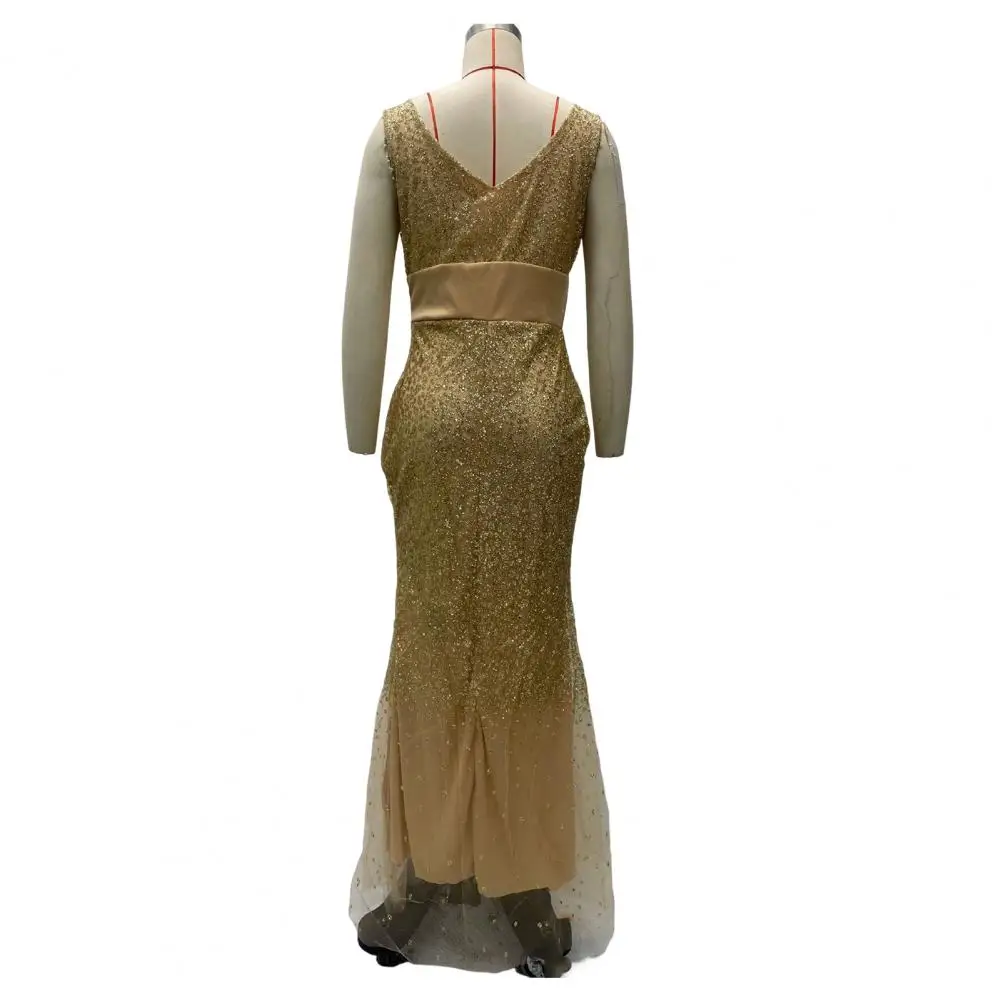 Robe de soirée à paillettes à col en V pour femme, silhouette de sirène en patchwork, maille envoûtante, élégante, fête de Rhet banquet