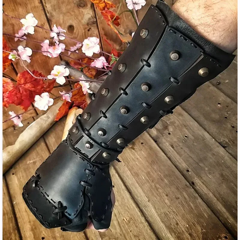 Steampunk Middeleeuwse Pu Lederen Bracer Lange Handschoen Handschoen Samurai Viking Ridder Piratenarm Harnas Voor Mannen Larp Cosplay Accessoire