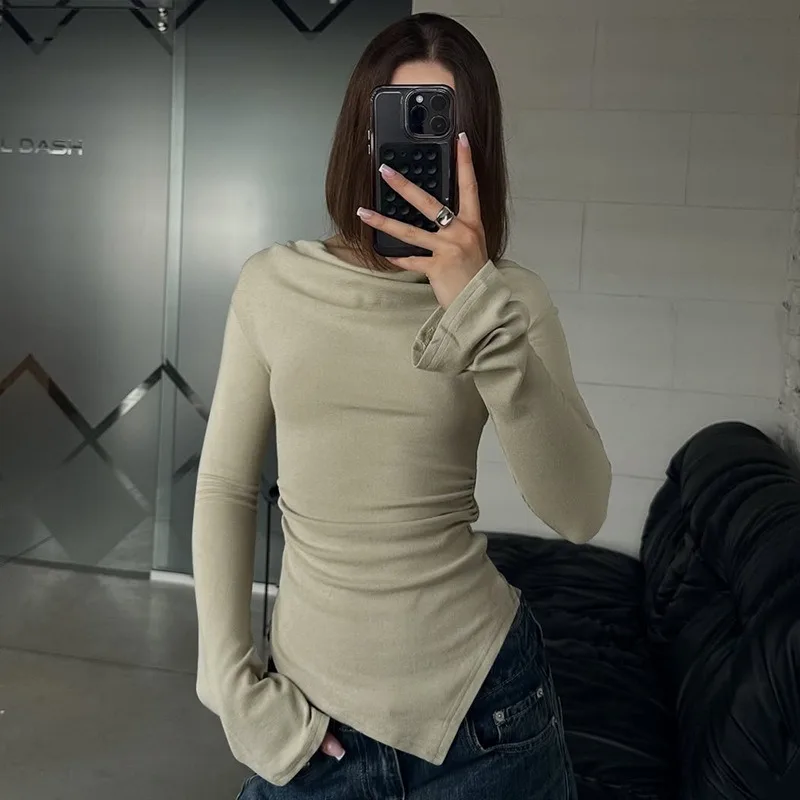 

Talenza Fashion Pleated T-Shirts Women's New Sexy Off-Shoulder Slim Streetwear T-Shirts Autumn Chic Solid Female Pullover Tops