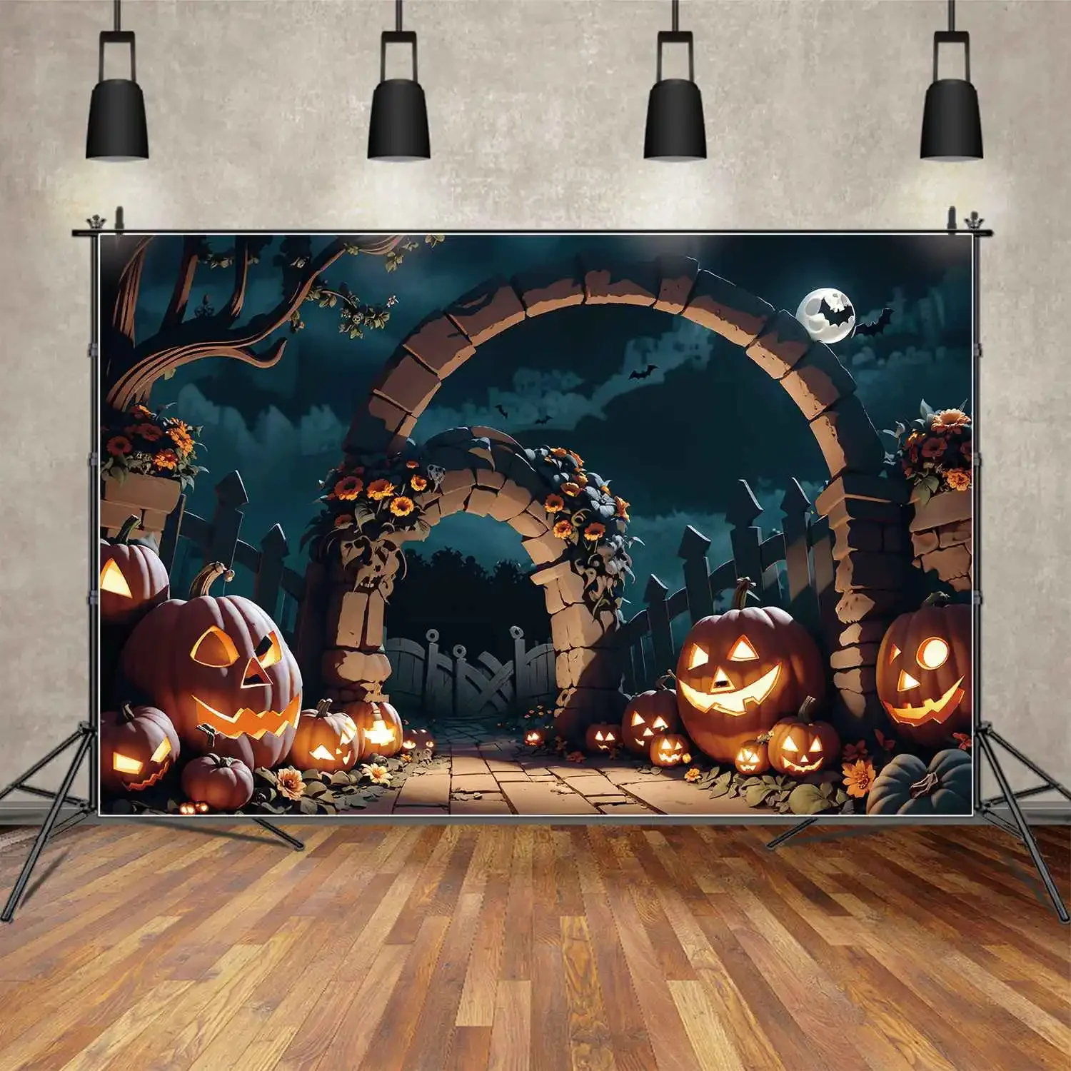 

MOON.QG Photography Backdrop Halloween Garden Night Arch Fence Halloween Photo Background Custom Children Party Photoshoot Props