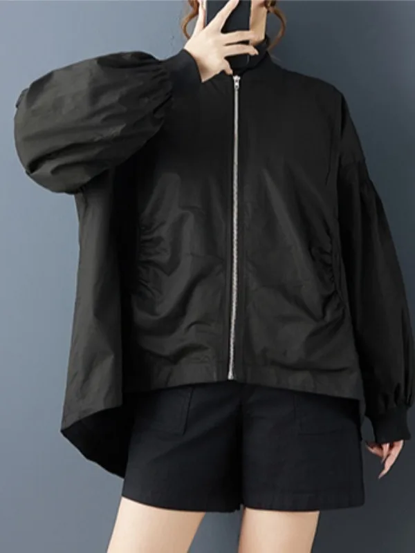 

k Sle Stand Collar Zipper Lantern Sve Jaet plus Size Women's Casual Loose Fit Asymmetrical Coat Autumn New Arrival