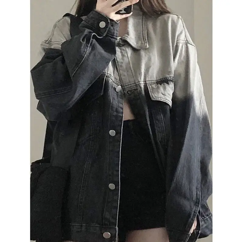 

Spring Autumn Denim Jackets Women Vintage Solid Color Single Breasted All Match Long Sleeves Turn Down Collar Femme Tops M327