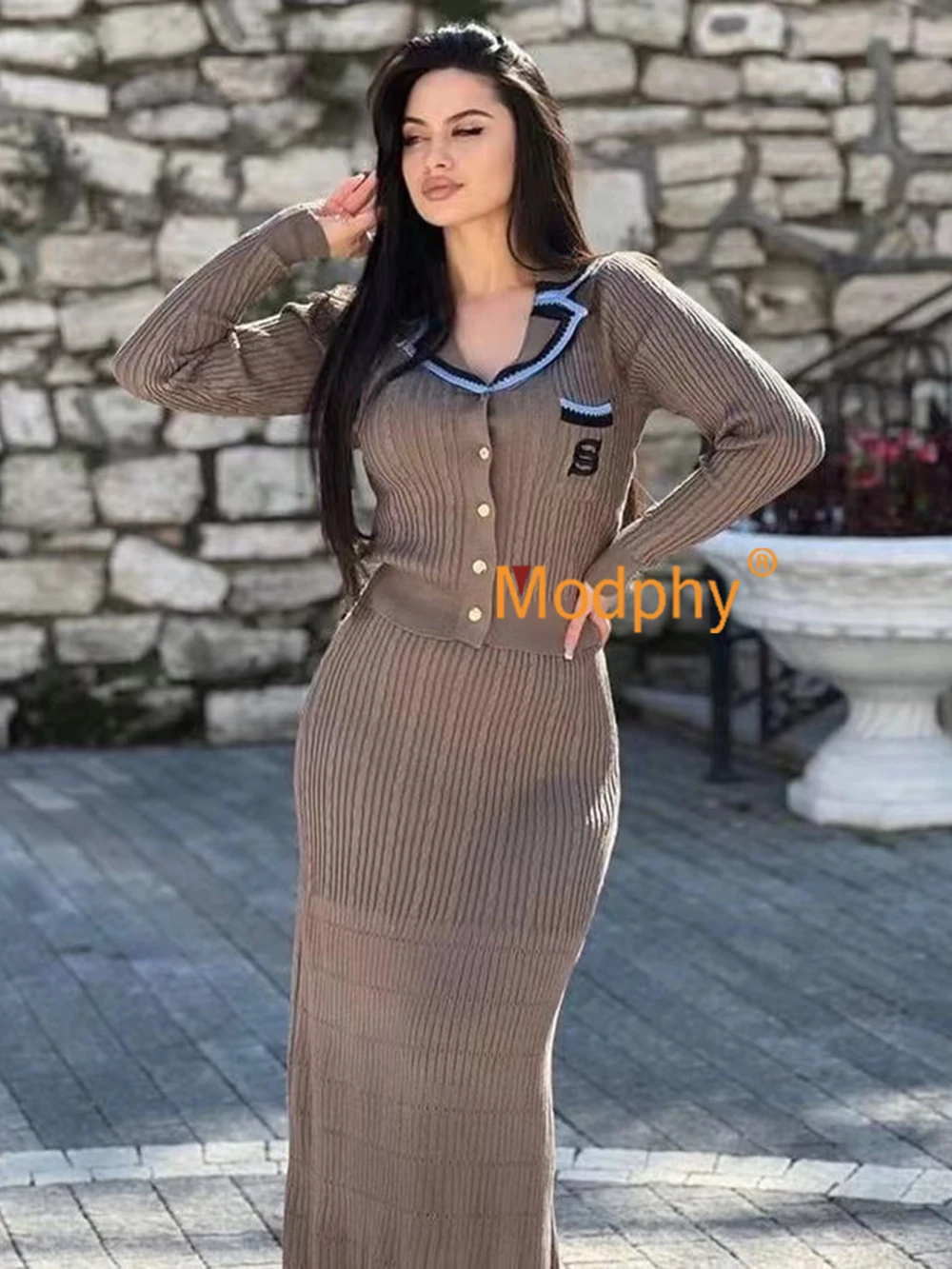 2024 Autumn New Women'S Knitted Letter Sweater Set Single Breasted Sweater+Mid Length Skirt Two Piece Set Outifits Tight Suit